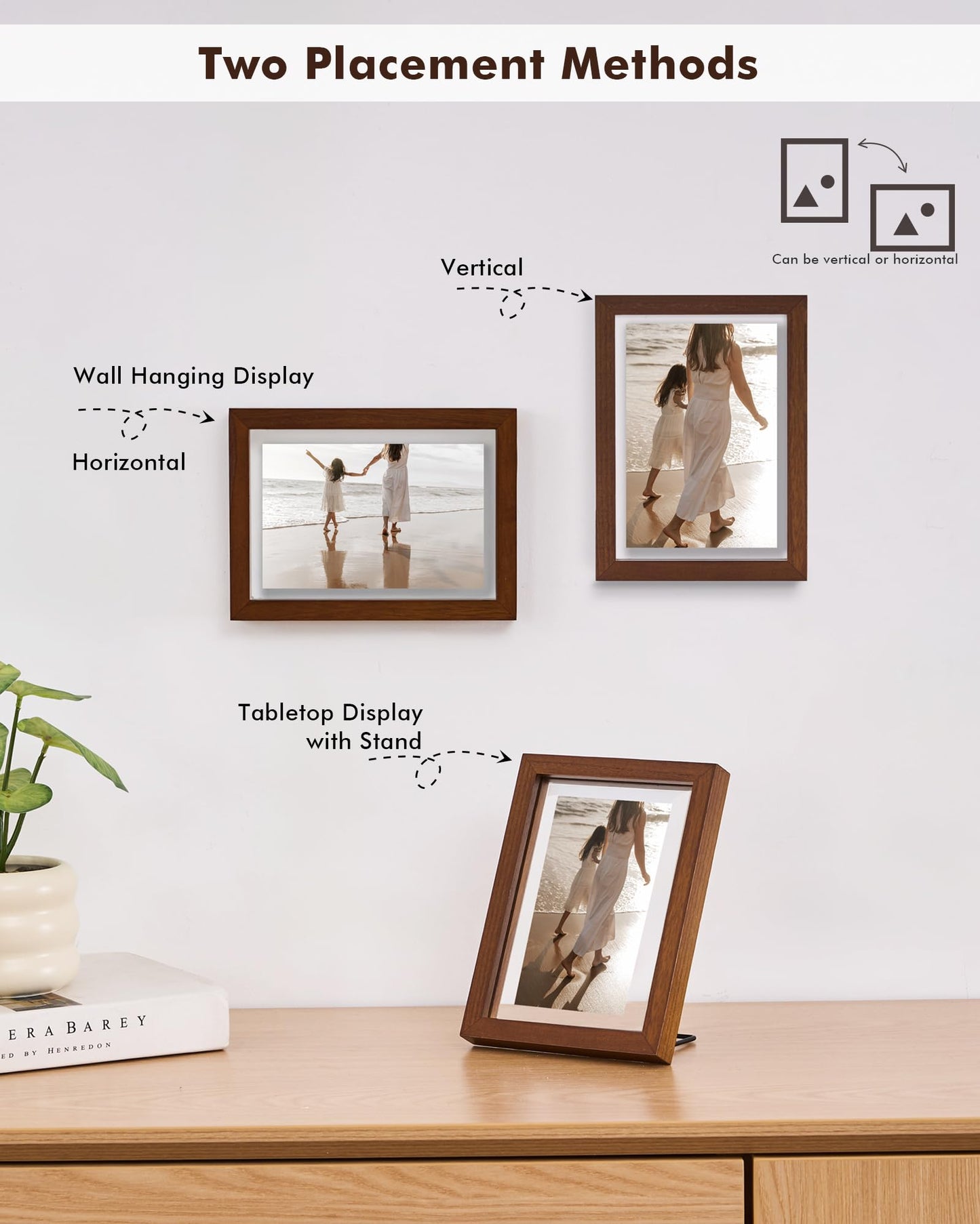 DLQuarts 5x7 Floating Picture Frames for 4x6/3.5x5 Photos, 2-Pack Solid Wood Double Polished Glass Floating Frame for Wall & Tabletop, Postcards and Any Size Photo up to 5x7 Display, Dark Walnut