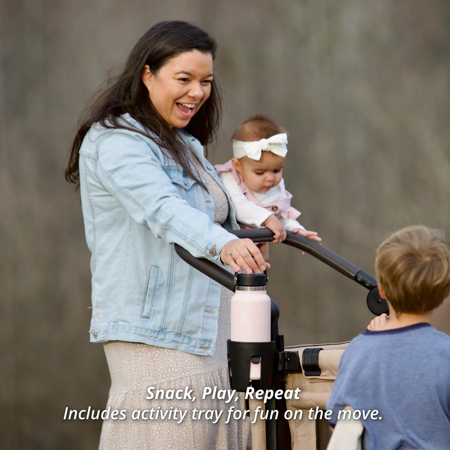 Keenz MOOV 4-Passenger All-Terrain Stroller Wagon with Reclining Seats, Built-in Cooler, Push/Pull Handle, Rubber Wheels, and Activity Tray – Foldable Wagon for Four Kids, Mocha