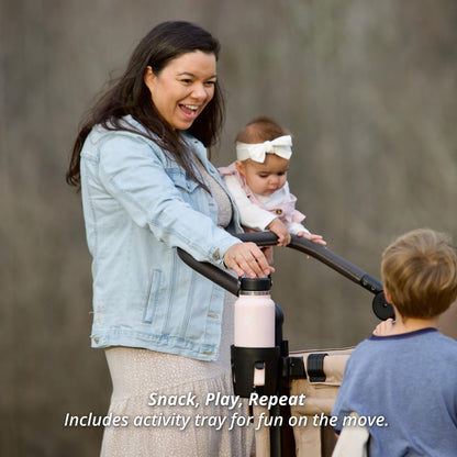Keenz MOOV 4-Passenger All-Terrain Stroller Wagon with Reclining Seats, Built-in Cooler, Push/Pull Handle, Rubber Wheels, and Activity Tray – Foldable Wagon for Four Kids, Mocha