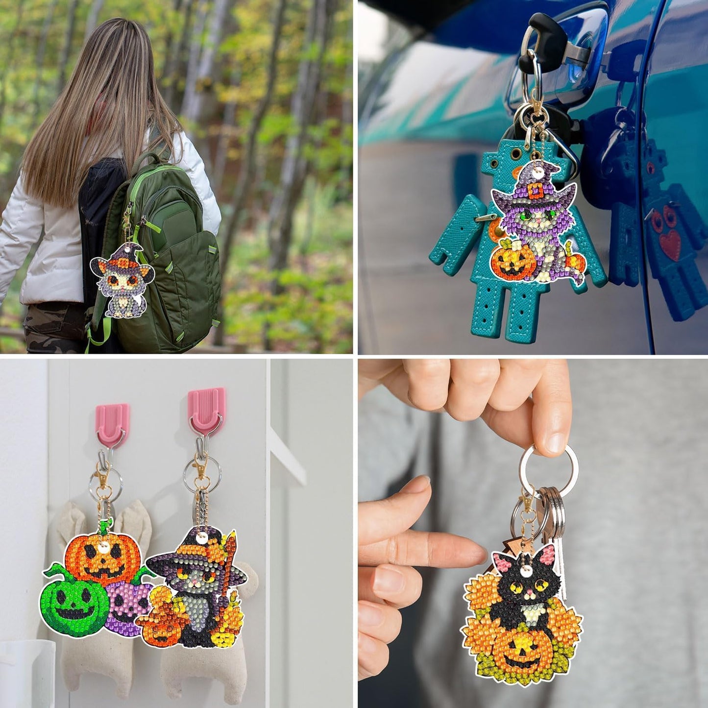 12 Pcs Halloween Cat Diamond Keychains Kit Double Sided DIY Cute Halloween Cat Diamond Keychains for Beginners Adults Art Craft Supplies Holiday Gift