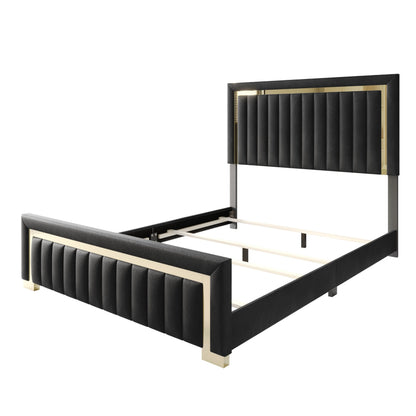 HOME DESIGN Olathe King Size Upholstered Panel Bed Frame, Vertical Channel Tufted Headboard with Gold Metal Accent, Velvet Fabric, Platform Design, Box Spring Required, Black