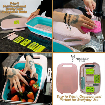 Foldable Cutting Board Set with Storage Lid – Phoenix'Hills Pink Kitchen Cutting Board with 5 Interchangeable Blades, 2 Knives & Containers – Compact & Multi-Functional