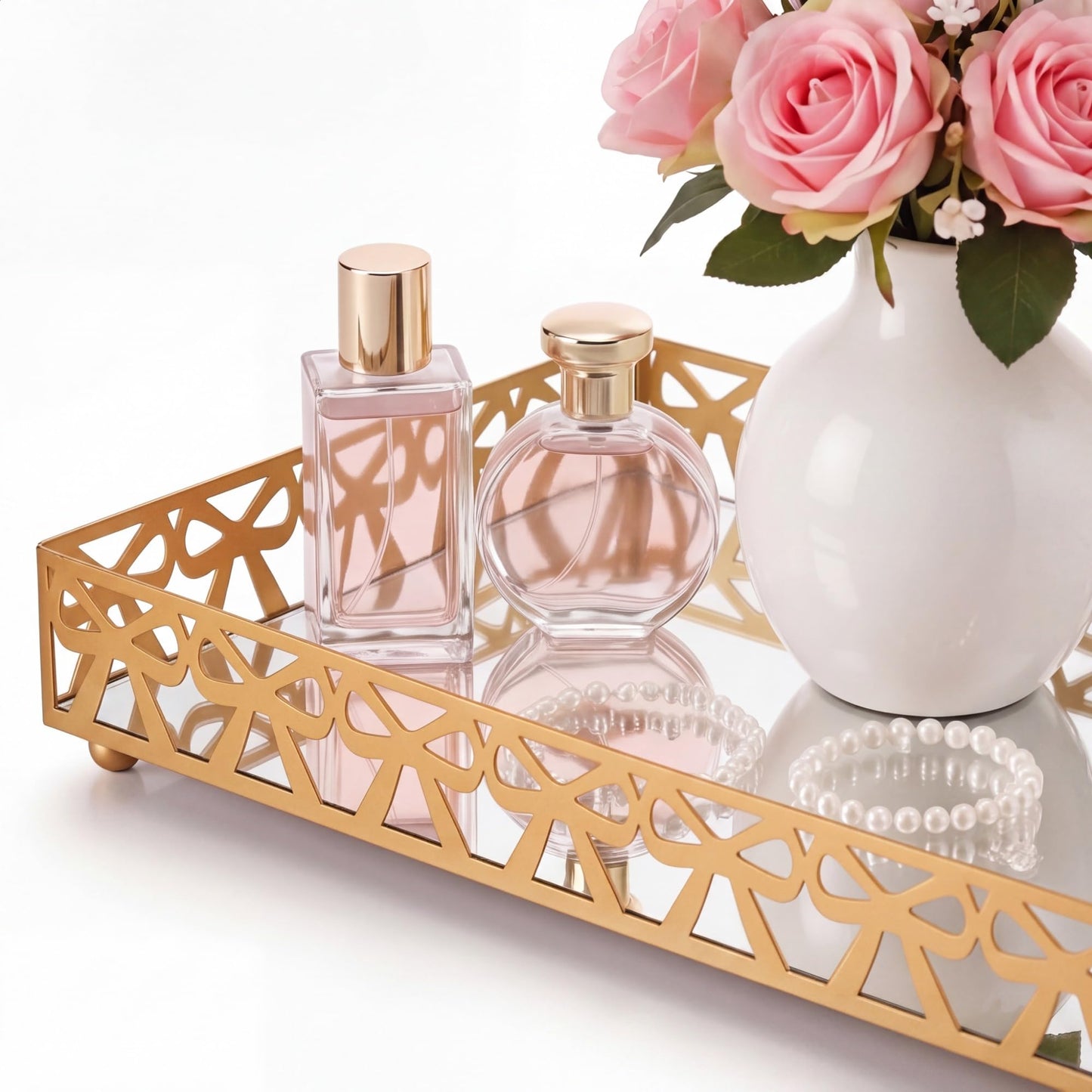 Zhehao Gold Vanity Tray with Mirror Bottom Decorative Bowknot Jewelry Organizer Tray 11.8x7.9 Inch Metal Vanity Organizer for Perfume Makeup Dresser Bathroom Countertop, Women Mom Gift