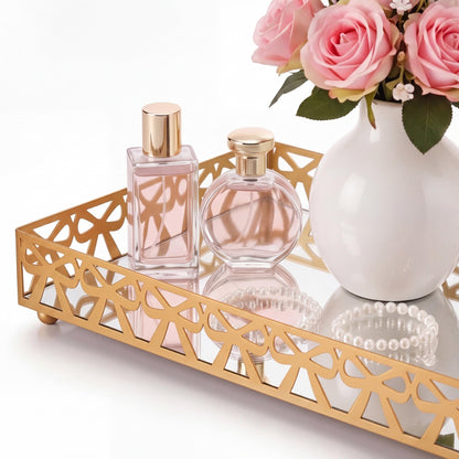 Zhehao Gold Vanity Tray with Mirror Bottom Decorative Bowknot Jewelry Organizer Tray 11.8x7.9 Inch Metal Vanity Organizer for Perfume Makeup Dresser Bathroom Countertop, Women Mom Gift