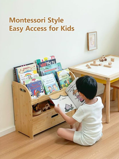Lavenix Bamboo Kids Bookshelf 3-Tier with Drawer, Scalloped Front Facing Montessori Book Shelf and Toy Storage for Toddler Kids Rooms, Baby Nursery, Classroom