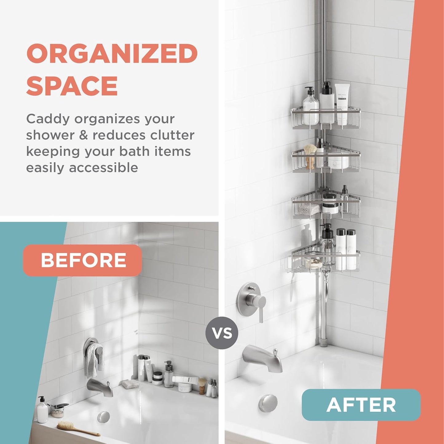Zenna Home Tension Pole Shower Caddy - Adjustable 4 Basket Shelves, 60 to 108 Inch, Satin Nickel