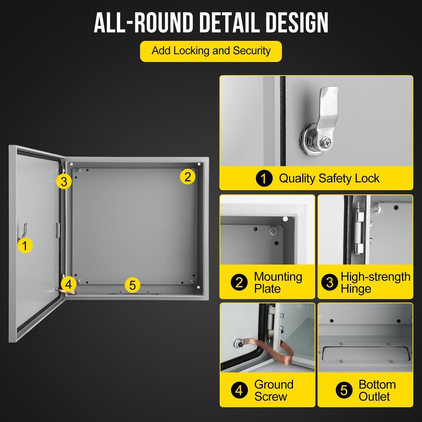 Outdoor Electrical Box,24 x 24 x8 NEMA 4X Steel Junction Box,IP66 Waterproof & Dustproof Electrical Enclosure Box,Outdoor/Indoor Electrical Project Box with Lock & Mounting Plate
