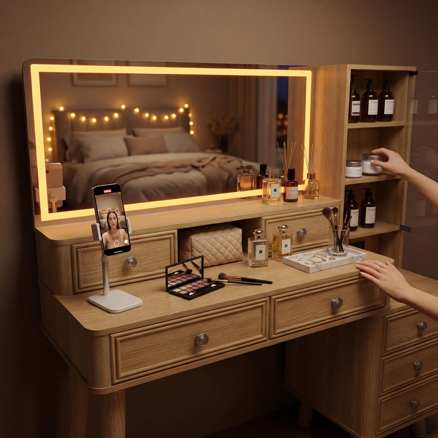 YESHOMY Makeup Vanity Desk with Large Mirror and LED Lights, with 7 Drawers & Charging Station, Dressing Table Set Modern Glass Storage Cabinet with Adjustable Shelves for Bedroom, Oak