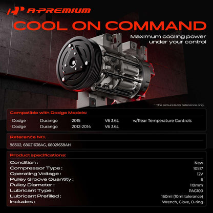 A-Premium Air Conditioner AC Compressor with Clutch Compatible with Dodge Durango 3.6L 2012-2015, with Rear A/C Only