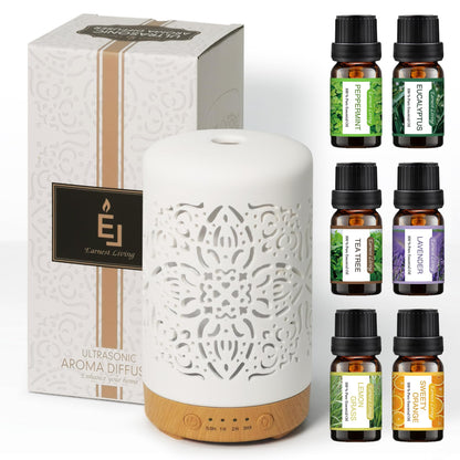 Earnest Living Essential Oil Diffuser White Ceramic Diffuser 100 ml Timers Night Lights and Auto Off Function Home Office Humidifier Aromatherapy Diffusers for Essential Oils