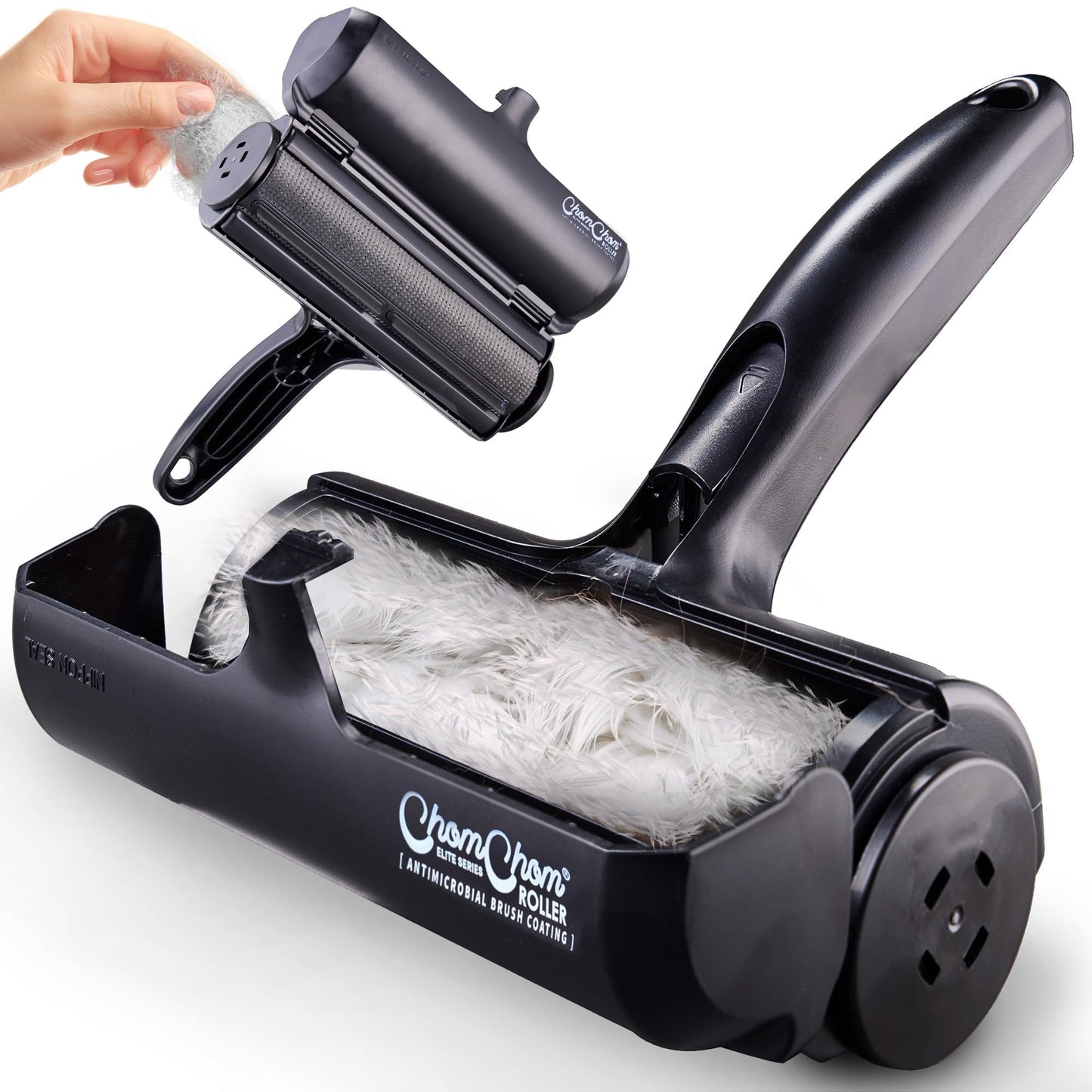 ChomChom Roller Pet Hair Remover and Reusable Lint Roller - Cat and Dog Hair Remover for Furniture, Couch, Carpet, Clothing and Bedding - Portable, Multi-Surface Fur Removal Tool (Black)