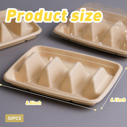 Hyuetrsa 50 Pcs Disposable Taco Holder for Party, 3 Compartments Paper Taco Tray Holder, Disposable Taco Plates with Dividers Taco Stand for Taco Tuesday Lazy Susan Taco Bar