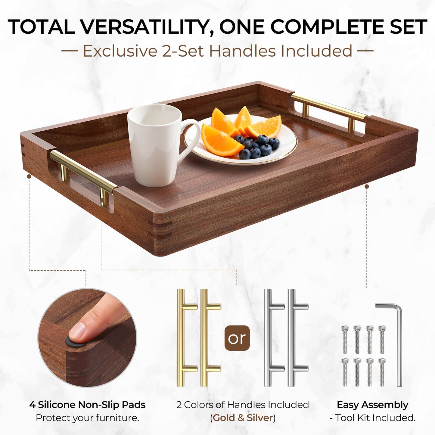ZENPTIA Acacia Wood Serving Tray with 2 Sets of Handles (Gold & Silver) - 17" Large Wooden Tray for Ottoman Coffee Table, Decorative Tray for Living Room & Kitchen - Solid Wood Table Topper