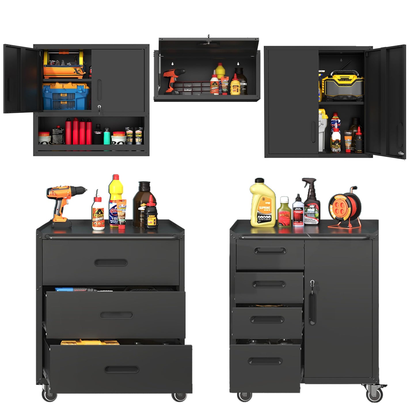 VIYET 5-Piece Rolling Garage Tool Cabinet Set,Heavy Duty Steel Garage Storage System with Wall Cabinet & Mobile Rolling Tool Chest,Lockable Adjustable Shelving Combo for Workshop Organization,Black