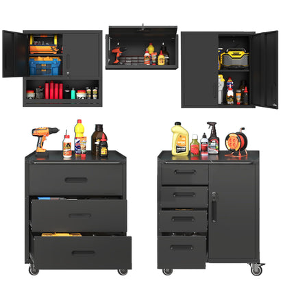 VIYET 5-Piece Rolling Garage Tool Cabinet Set,Heavy Duty Steel Garage Storage System with Wall Cabinet & Mobile Rolling Tool Chest,Lockable Adjustable Shelving Combo for Workshop Organization,Black