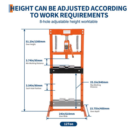 Garvee Hydraulic Shop Press, 12 T H-Frame Garage Floor Shop Press Adjustable Hydraulic Press with Press Plates, Orange