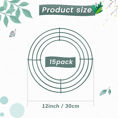 Hotop 15 Pcs 12'' Metal Wreath Frame Wire Rings Crafts Wreath Making for Christmas New Year Valentines Decoration, Dark Green