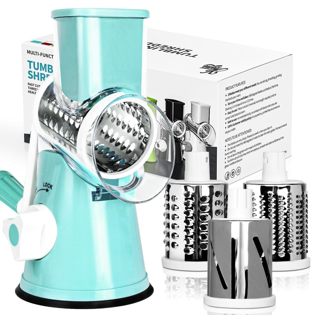 X Home Rotary Cheese Grater for Kitchen, Shredder with 3 Interchangeable Blades, Rotary Grater with Handle and Strong Suction Base, for Vegetables, Fruit, Nuts, Easy to Use and Clean, Blue