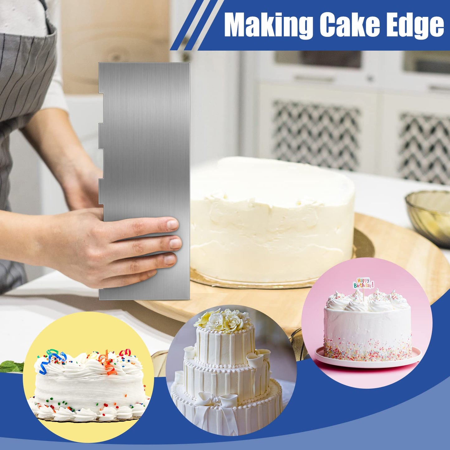 4 Pieces Stainless Steel Cake Scraper 9 Inch Large Double Sided Patterned Edge Stripe Edge Smoother Scraper Cake Decorating Comb Pastry Cutter for Mousse Butter Cream Decoration(9 x 3.5 Inches)