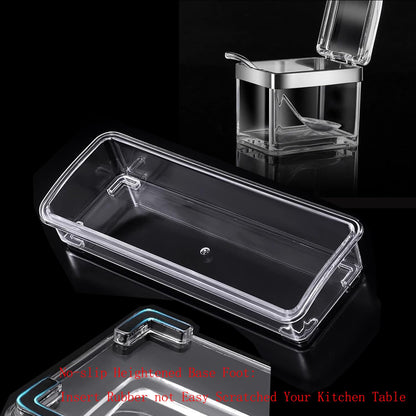 TENTA KITCHEN Gourmet Acrylic Seasoning Box - Premium Quality Pure Acrylic Container and Case- 18/8 Stainless Steel Ring - 4 Serving Spoons -Luxurious Condiment Cruet Bottle, Spice Jar Set