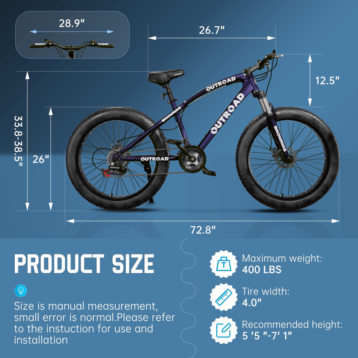MarKnig 26 inch Fat Tire Mountain Bike with 4 inch Knobby Tires, 21 Speed MTB with Dual Disc Brake, Anti-Slip Fat Bike with Front Suspension, High Carbon Steel Frame, Men and Women (Blue-Purple)
