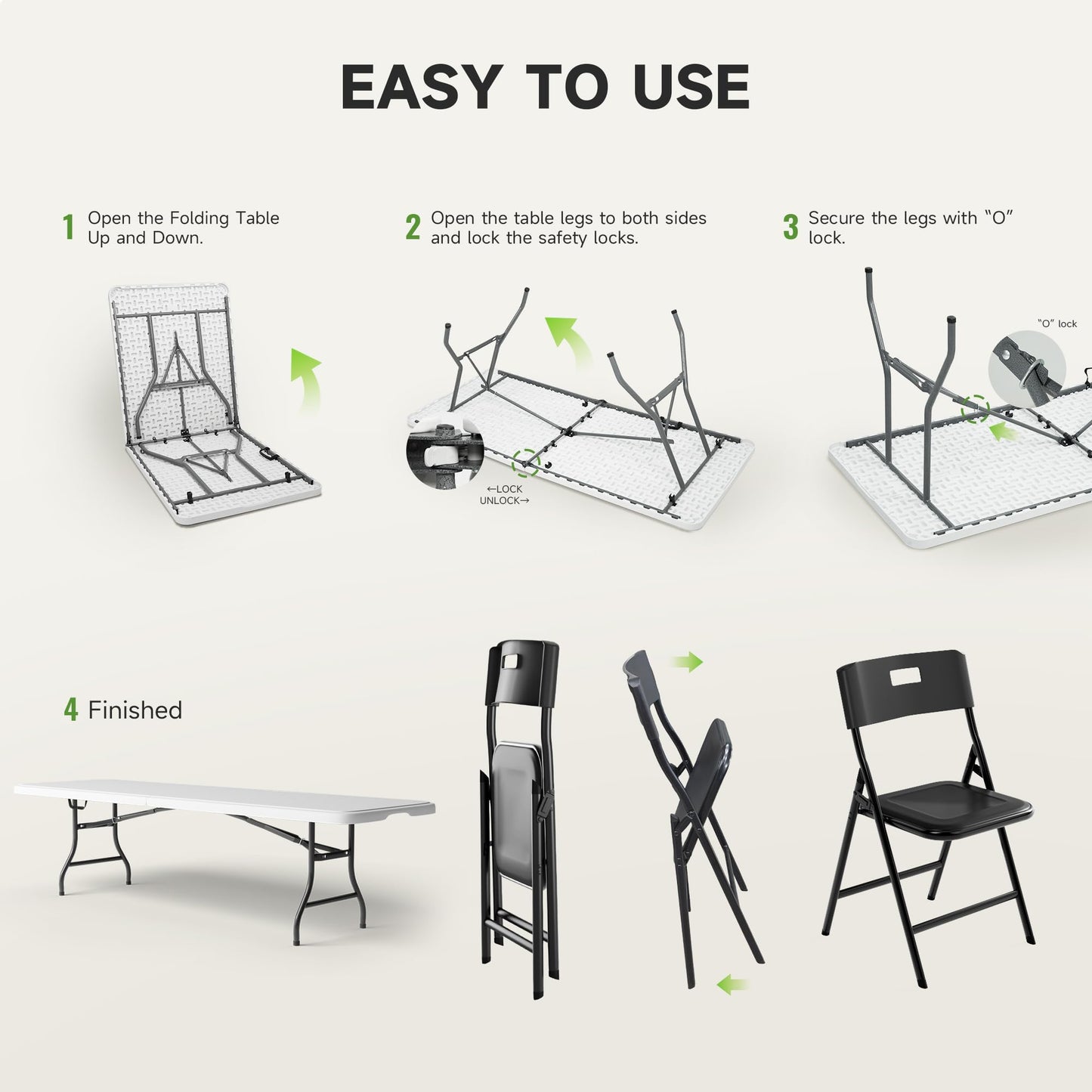 Ortus Collective 8FT Folding Table Set with 8 Chairs – Heavy-Duty 660 lb Table & 330 lb Chairs, Portable Folding Furniture Bundle for Camping, Parties, Indoor & Outdoor Use