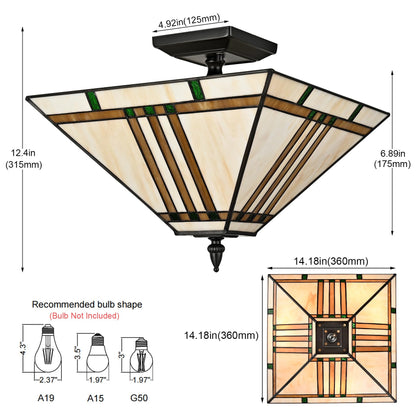 DAYCENT Tiffany Ceiling Lights, Stained Glass Ceiling Light Fixtures 3-Light 14 Inches Vintage Tiffany Style Semi Flush Mount Lamp for Bedroom Foyer Entryway Dining Room, Black Finish