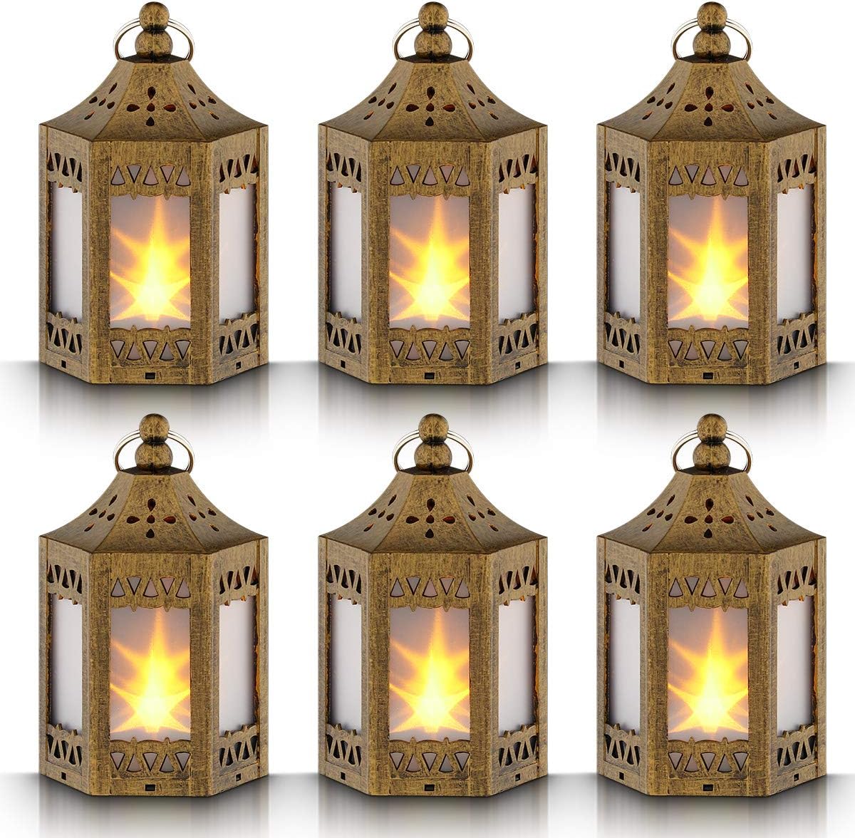 Mini Star Lantern with Flickering LED - Set of 6 Copper Brushed Decorative Hanging Light for Indoor Use