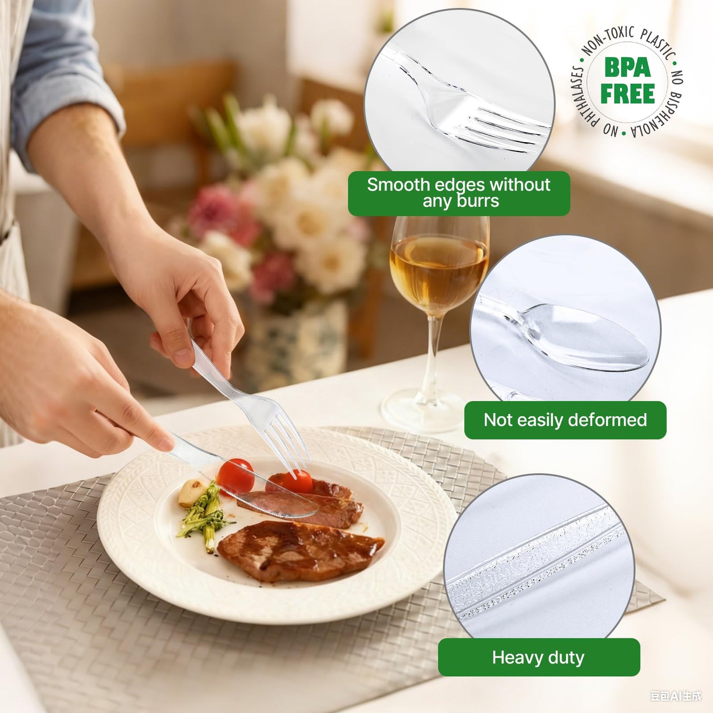Bosizhang 300 Count Extra Heavy Duty Plastic Silverware, 120 Spoons, 120 Forks, 60 Knives, BPA-Free & Heat Resistant Disposable Plastic Utensils Set, Clear Cutlery Set for Party and Daily Use