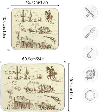 Rustic Cowboy Dish Drying Mat for Kitchen Counter, Western Desert Cactus Microfiber Protector, Medium 16x18 inch