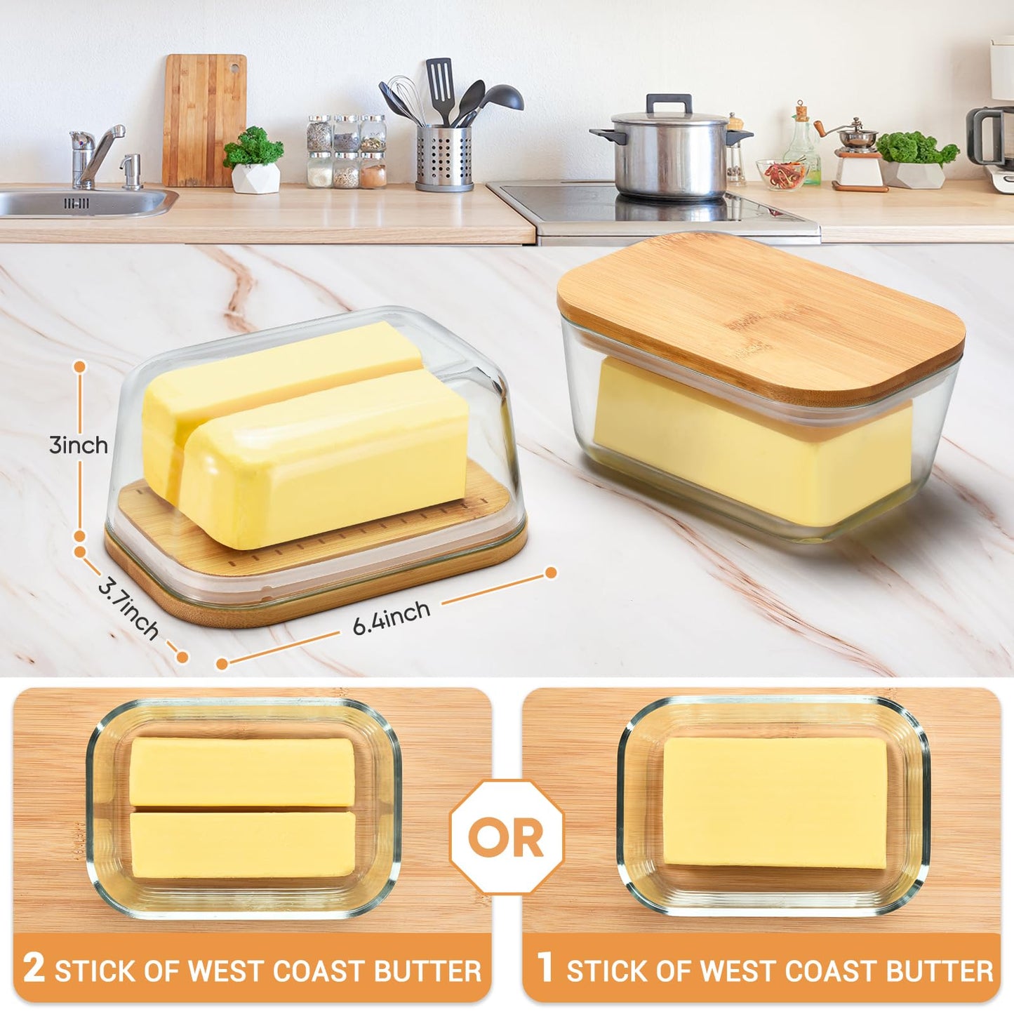HEKEIEON Glass Butter Dish With Sealed Lid - Large Tray for Refrigerator and Outdoor Use - Dishwasher Safe