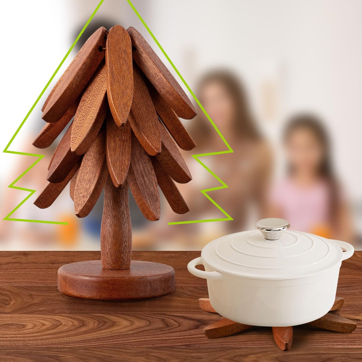 Vertdens Wooden Trivets for Hot Dishes, Hot Dish Coaster with Tree-Shaped Wood Collapsible Hot Pad Trivet Tree for Restaurant, 4 Wooden Trivet + 1 Stand（Walnut Wood）