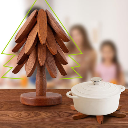 Vertdens Wooden Trivets for Hot Dishes, Hot Dish Coaster with Tree-Shaped Wood Collapsible Hot Pad Trivet Tree for Restaurant, 4 Wooden Trivet + 1 Stand（Walnut Wood）