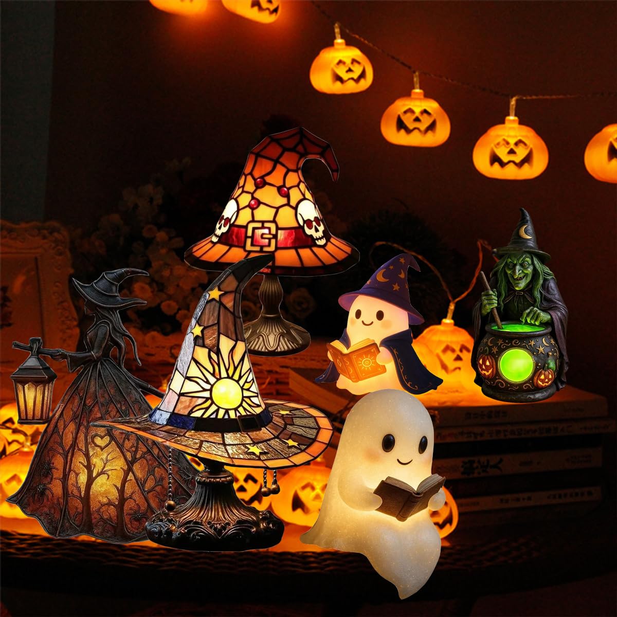 MYSNKU Halloween Ambiance Lamp – Handcrafted Stained Gothic Wizard Hat Night Light Reading Book Lamp, Suitable for Indoor Party & Spooky Outdoor Halloween Decoration, with USB Plug (A Yellow)