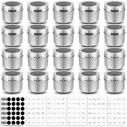 Bekith 20 Pack Magnetic Spice Jars, Magnetic Spice Containers for Refrigerator, Seasoning Tins with Clear Top Lid, 240 PVC Spice Label Set