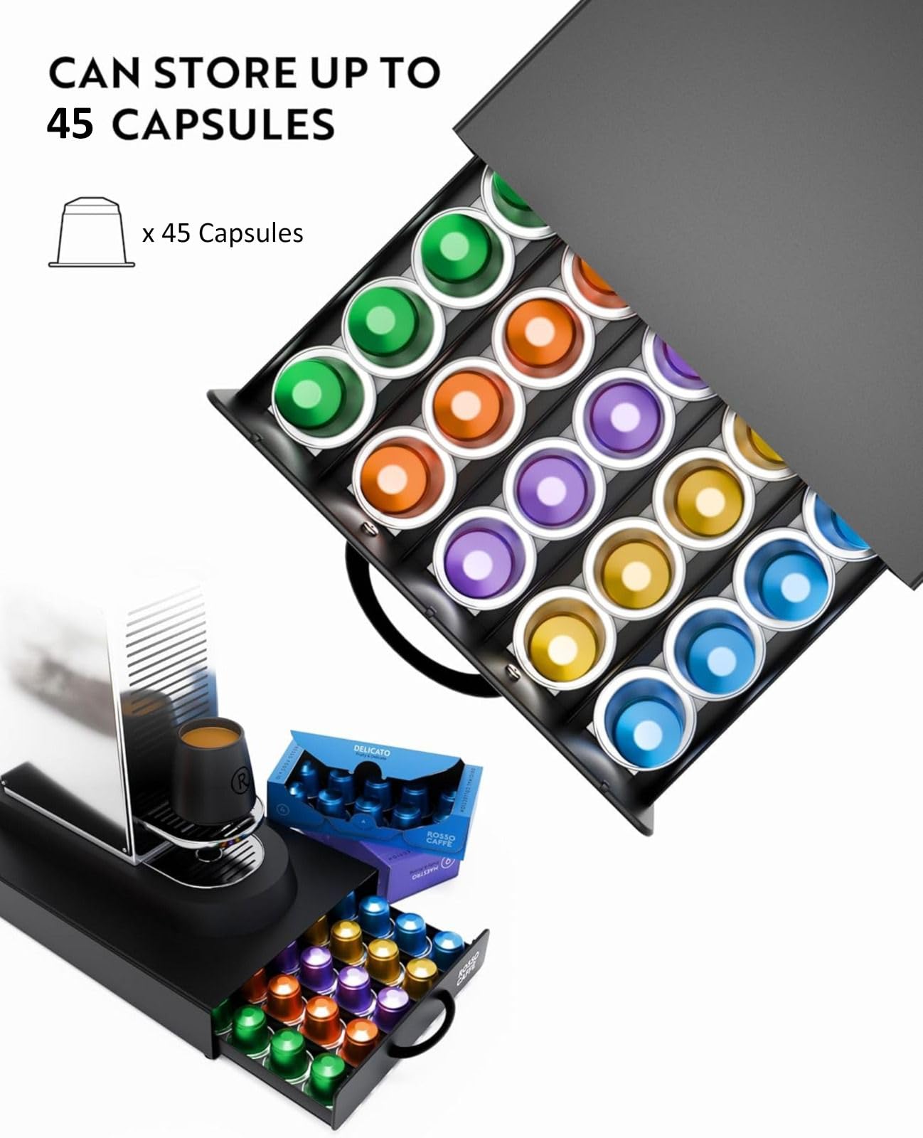 ROSSO CAFFÈ Coffee Capsule Drawer Organizer Compatible with Nespresso Original Machines, Holds 45 Capsules, Space-Saving Countertop Storage, Sleek Design