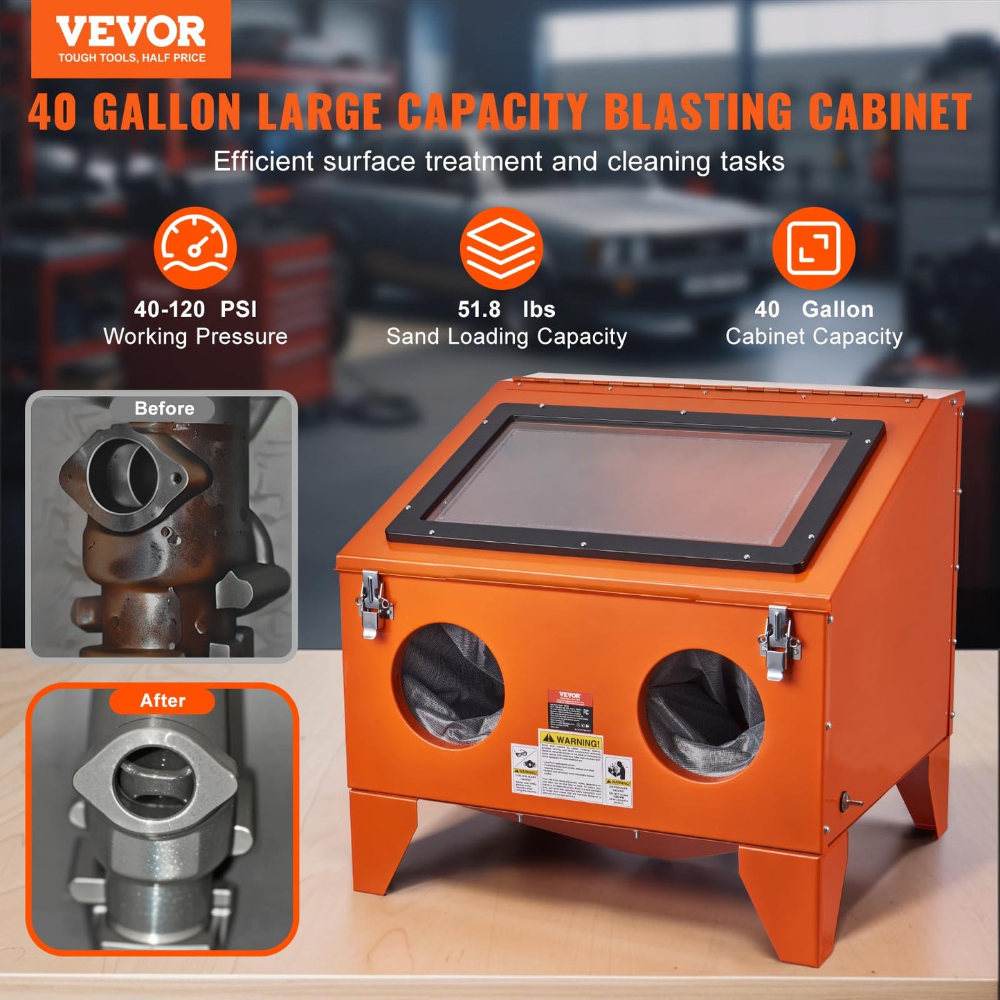 VEVOR 40 Gallon Sandblasting Cabinet, 40-120PSI Portable Benchtop Sand Blasting Cabinet, Heavy Duty Steel Sand Blaster with Blasting Gun & 4 Ceramic Nozzles for Paint, Stain, Rust Removal