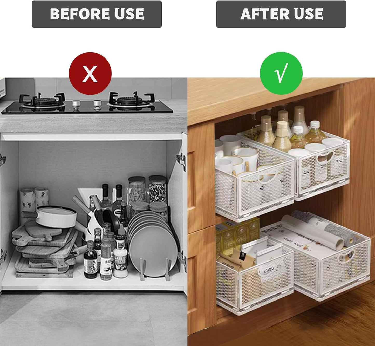 Sliding Cabinet Basket Organizer, Heavy Duty Carbon Steel Self Adhesive Slide Out Pantry Shelves for Kitchen