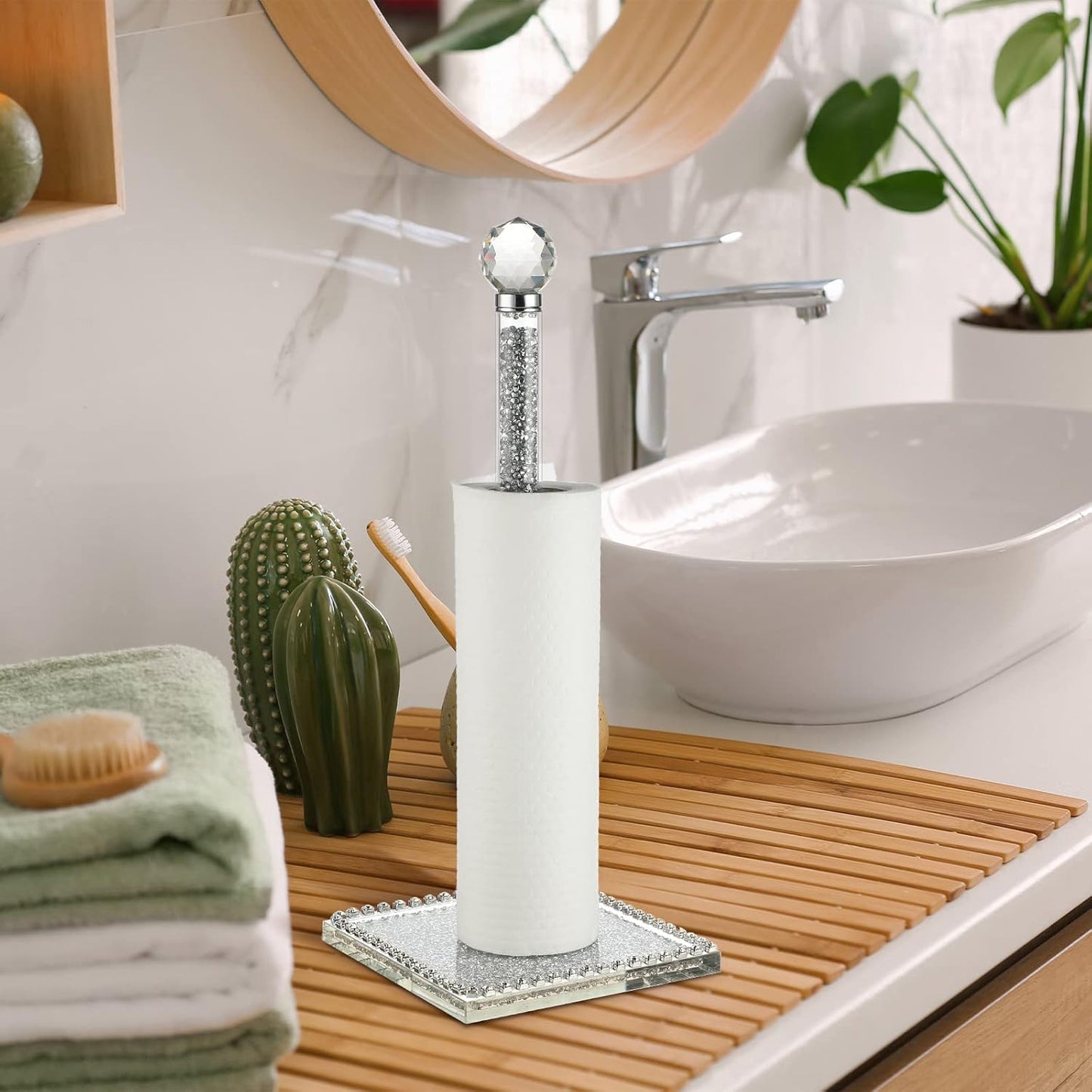 13 Inch Silver Crystal Standing Paper Towel Roll Holder, Square Base Standing Paper Towel Stand with Sparkly Crystal