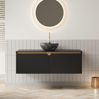 48" Floating Bathroom Vanity with Vessel Sink, RUBEN Wall Mounted Plywood Cabinet, Sintered Stone Countertop, Twill Double Doors with Metal Trim, Modern Storage Unit, Bowl Black Stone Ceramic Basin