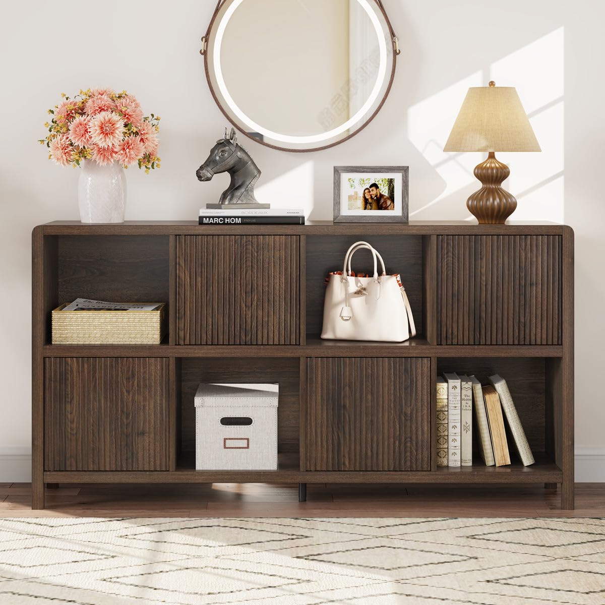 FATORRI 8 Cube Storage Organizer Bookshelf with Storage, Horizontal Bookcase with 4 Doors, Long Wooden Book Shelf for Living Room, Home Office (Dark Walnut)