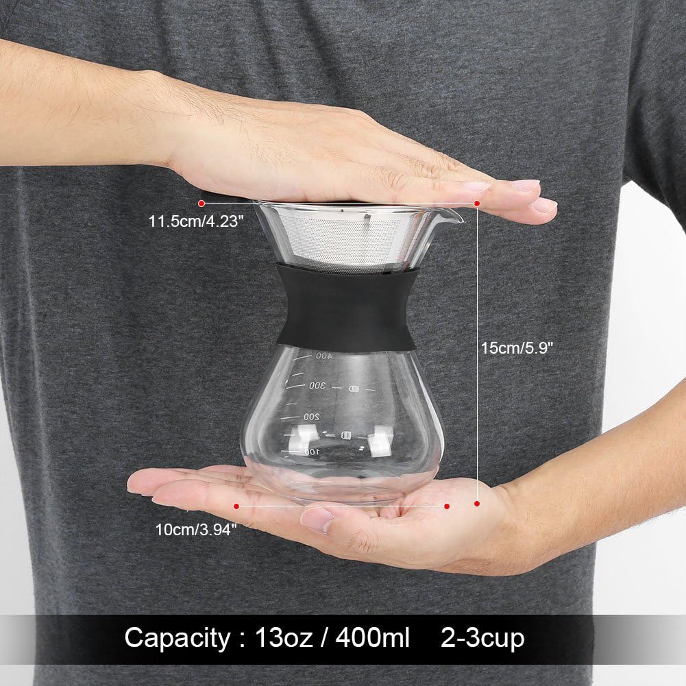 Zopsc 400ml Manual Hand Drip Glass Coffee Maker Pot with Stainless Steel Filter, Tick Marks, Fine Mesh, Suitable for