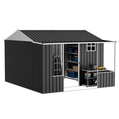 VanAcc 10×10.5×7 FT Metal Storage Shed, Dual-Zone Tool Shed with Work Area, Reinforced Frame, Gable Roof, Ventilated Design, Dark Grey