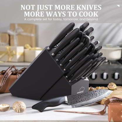 Amorston 22 Pieces Knife Set, Laser Engraved High Carbon Stainless Steel Knife Block Set, Full Tang Professional Kitchen Knife Set with Built-in Sharpener, Mothers Day Gifts for Kitchen
