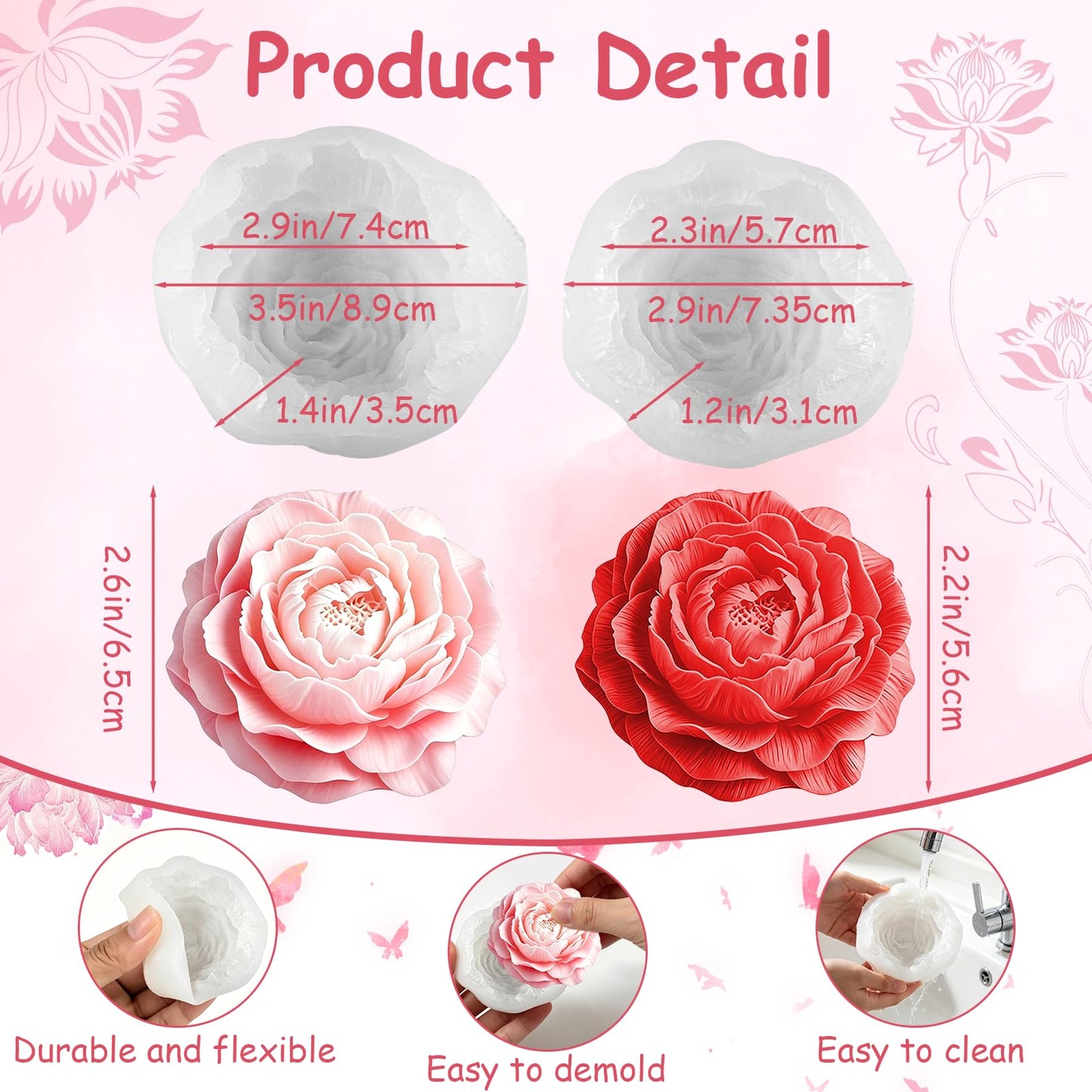 ZWLIYCHN Peony Candle Mold 2Pcs 3D Peony Flower Silicone Molds Floral Silicone Mold Peony Fondant Cake Decoration Mold for Cupcake Jelly Chocolate Candy Soap Ice Cube Epoxy Casting Resin Craft Mould
