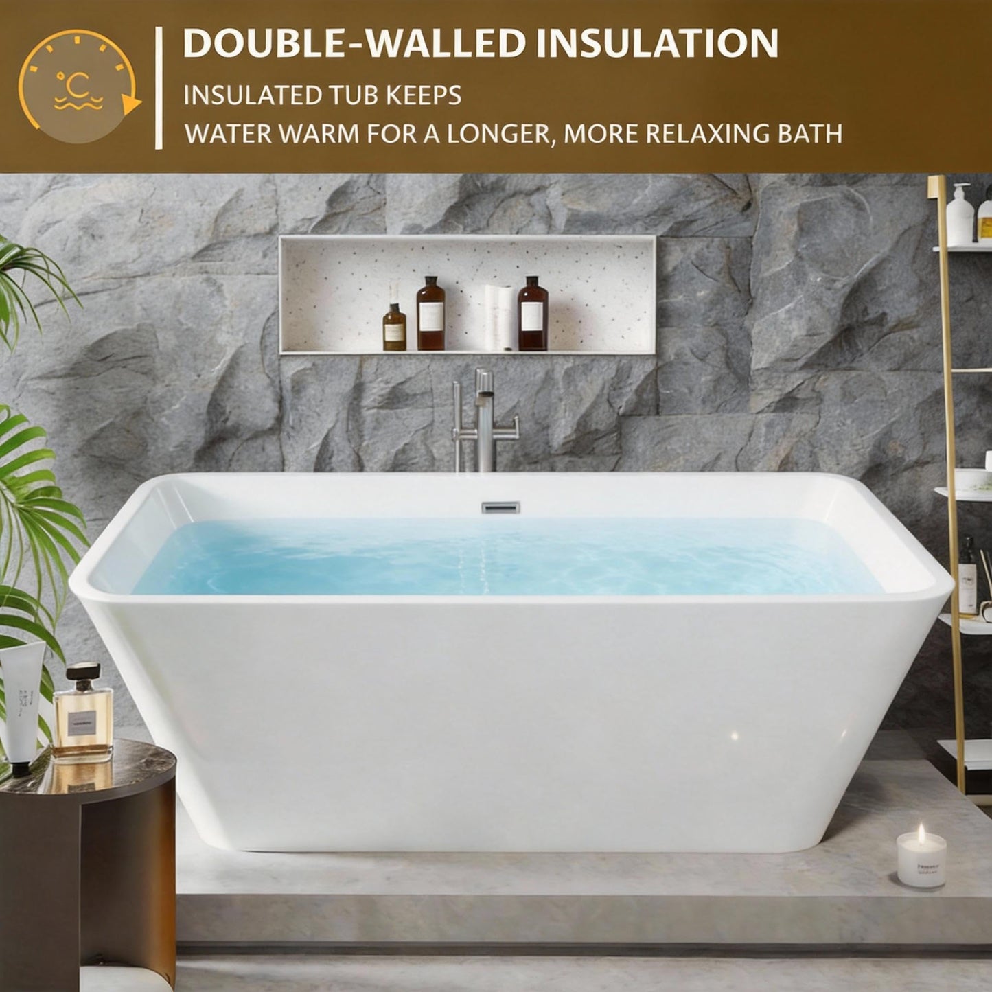 59" Freestanding Acrylic Soaking Tub,Large Freestanding Bathtub with Non-Slip Surface, Overflow and Drain Included, Freestanding Bathtub with Chrome Drain, Deep Stand-Alone Tub for Relaxing Home Spa