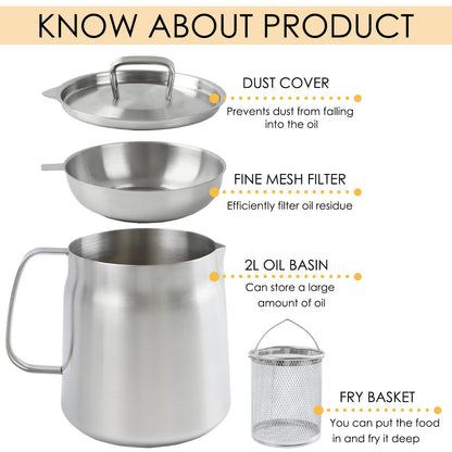 68oz 304 Stainless Steel Oil Filter Pot, Heavy Duty Bacon Grease Container & Deep Fryer Basket, Large Capacity Multi-function Oil Filter Vessel with Strainer for Kitchen Storing Frying Cooking Grease
