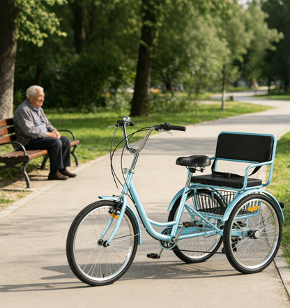 DONGSHAN Tricycle Adult Folding Bicycle Comfortable seat 3 Wheel Bicycle Rear Enlarged Vegetable Basket Double Chain 20/24in for Parents and Children Maximum Load 440lbs 7speed (24in-Blue)