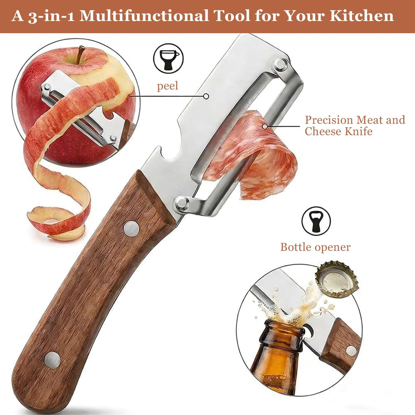 2 Pack 2 in 1 Multifunctional Vegetable Peeler, Sharp Stainless Steel Blade, Wooden Handle & Bottle Opener, Non-Slip Ergonomic Tool for Potato, Apple, Carrot, Pumpkin, Pineapple, Papaya, Zucchini