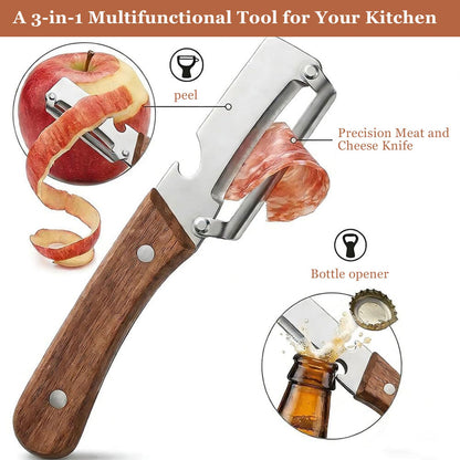 2 Pack 2 in 1 Multifunctional Vegetable Peeler, Sharp Stainless Steel Blade, Wooden Handle & Bottle Opener, Non-Slip Ergonomic Tool for Potato, Apple, Carrot, Pumpkin, Pineapple, Papaya, Zucchini